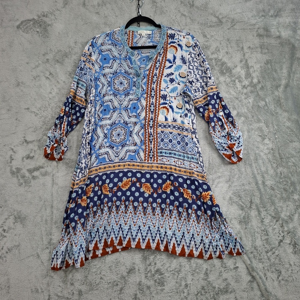 Kyla Seo Dress Womens XXL 2X Blue Embroidered Shirt Dress Boho Western